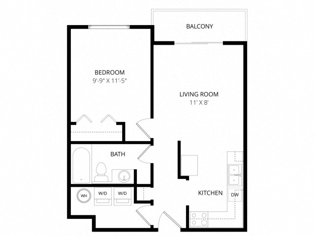Floor plan for 1 bed, 1 bath, 600 sqft